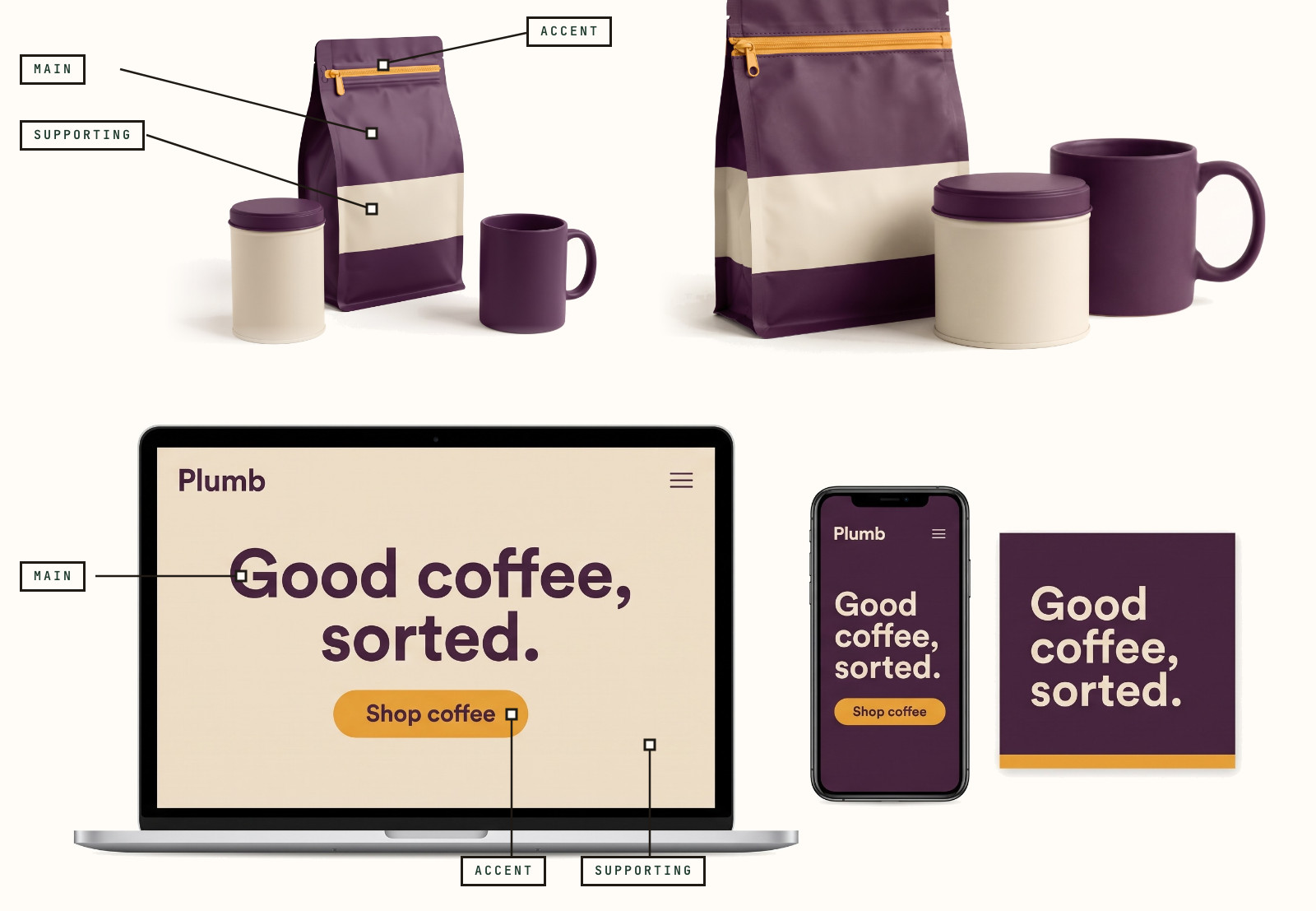 Brand board for the invented coffee brand Plumb: products, website, phone screen, and ad, tagged main, supporting, and accent.