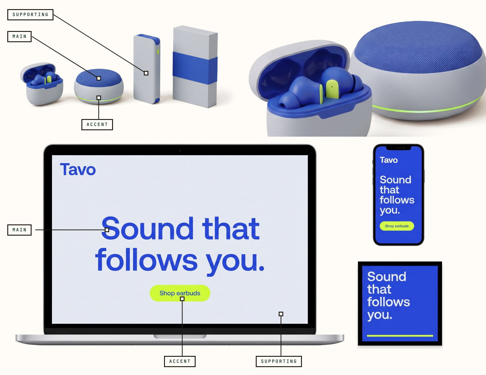 Brand board for the invented audio brand Tavo: products, website, phone screen, and ad, tagged main, supporting, and accent.