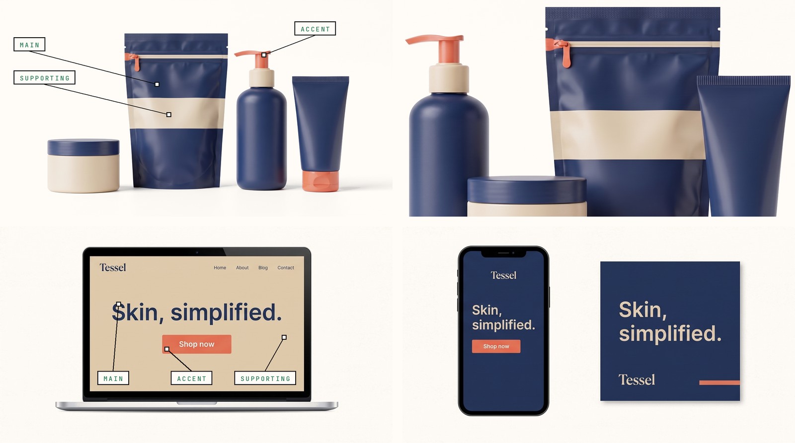 A brand board for the invented skincare brand Tessel: product photos, a website hero and a social ad, with tags marking the main, supporting and accent colors.