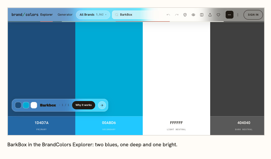 The BrandColors Explorer showing the recorded palette for BarkBox: a deep navy and a bright blue.