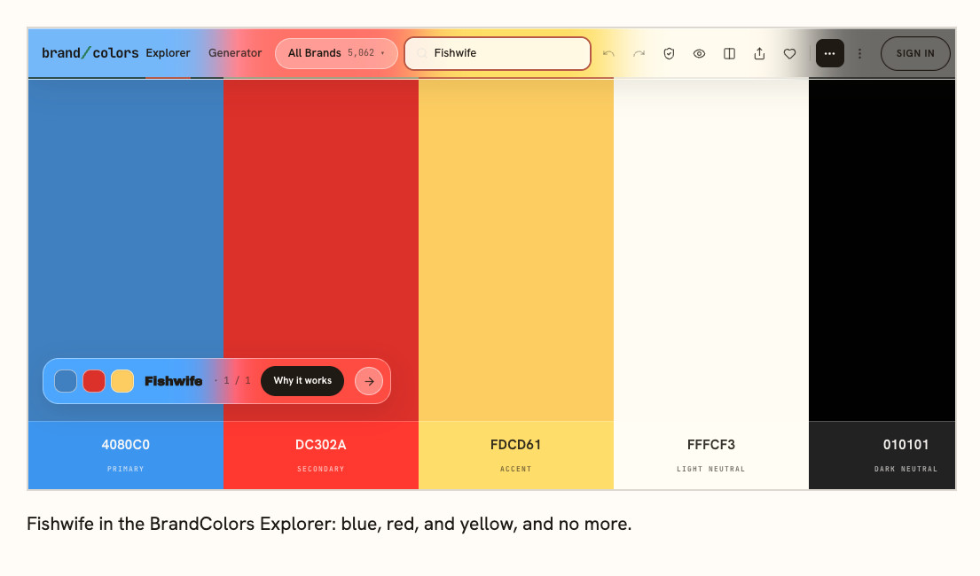 The BrandColors Explorer showing the recorded palette for Fishwife: blue, red, and yellow.