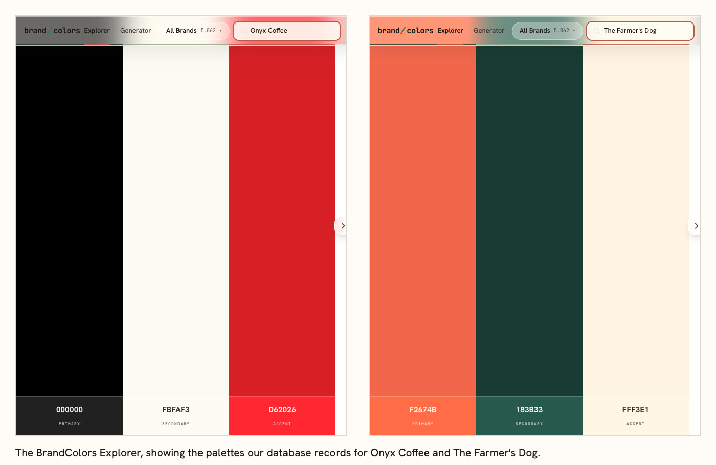 The BrandColors Explorer showing the recorded palettes for Onyx Coffee (black, off-white, red) and The Farmer's Dog (coral, deep green, cream).