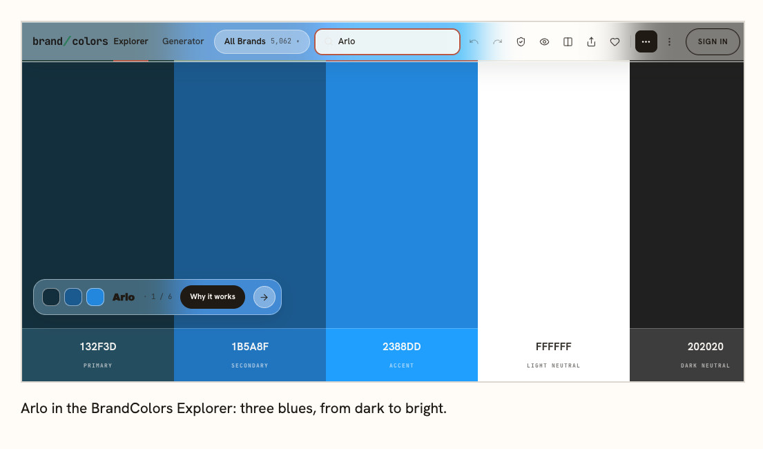 The BrandColors Explorer showing the recorded palette for Arlo: three blues from dark to bright.