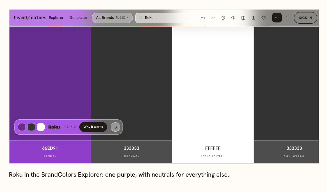 The BrandColors Explorer showing the recorded palette for Roku: purple, charcoal, and white.
