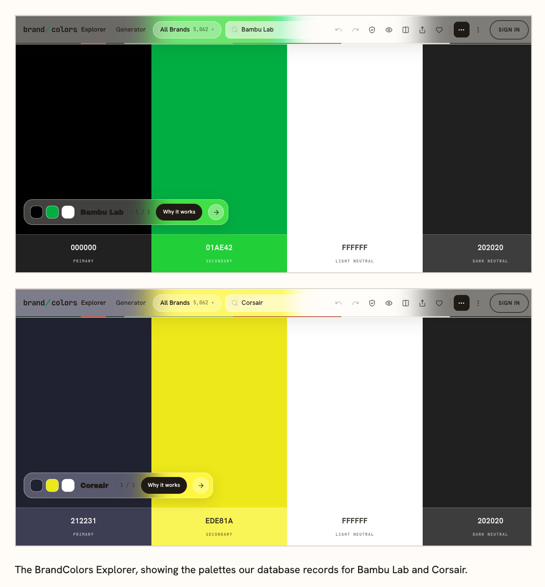 The BrandColors Explorer showing the recorded palettes for Bambu Lab (black, green, white) and Corsair (dark navy, yellow, white).