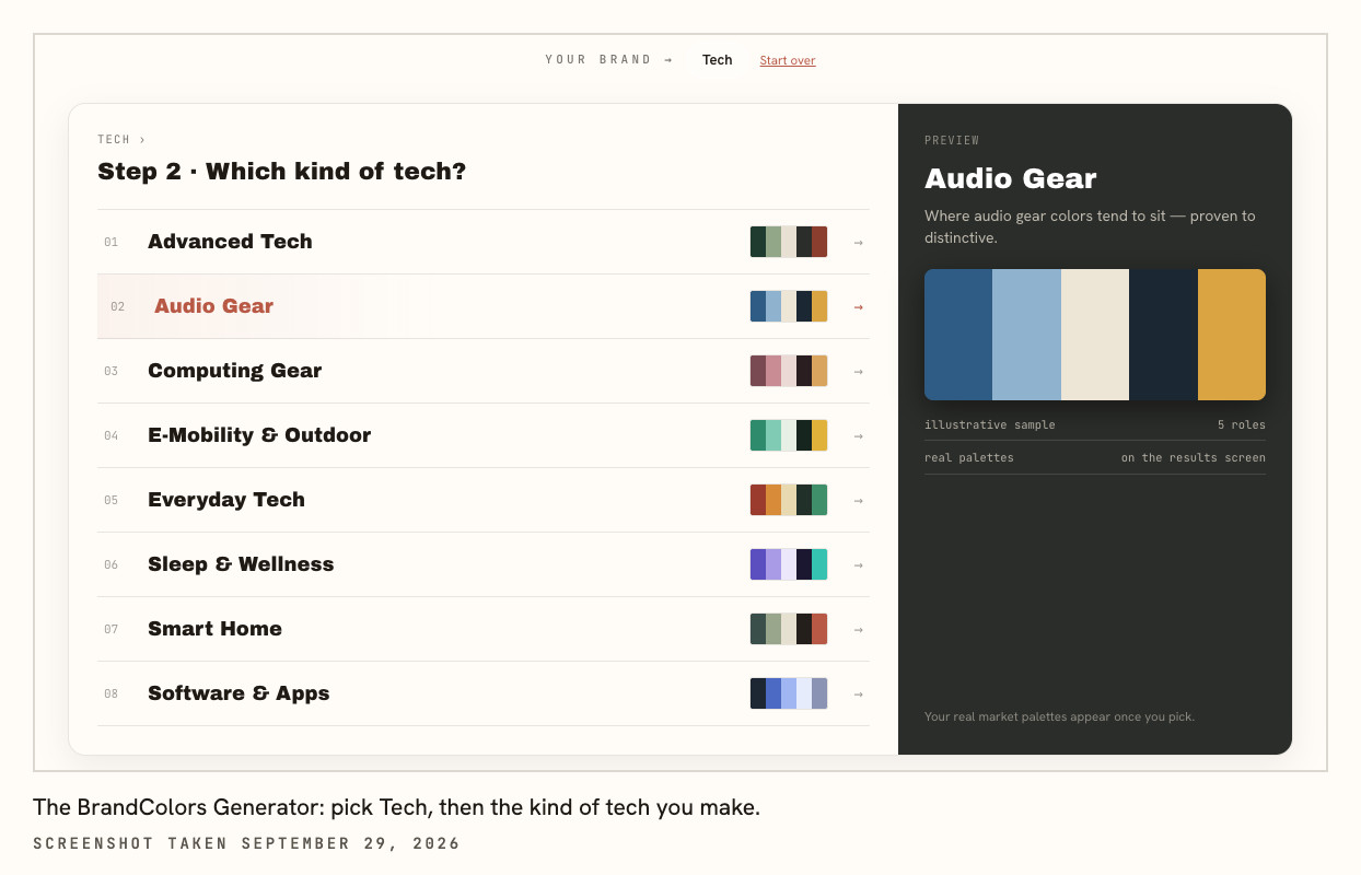 The BrandColors Generator asking which kind of tech you make, with Audio Gear highlighted.