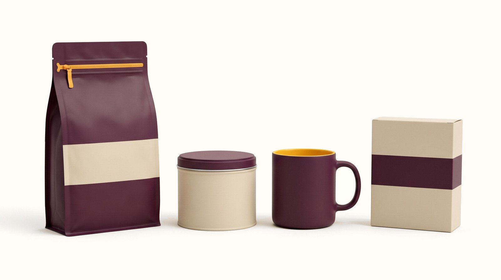 Coffee packaging for an invented brand: a bag, a tin, a mug, and a box in deep plum and oat with saffron details.