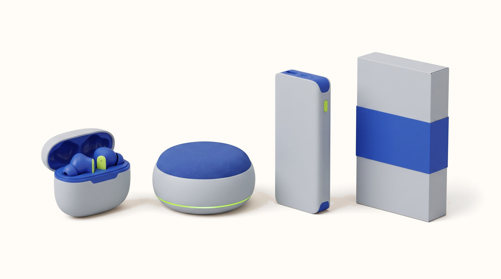 Earbuds in an open case, a round speaker, a power bank, and a retail box for an invented tech brand in cobalt, gray, and lime.