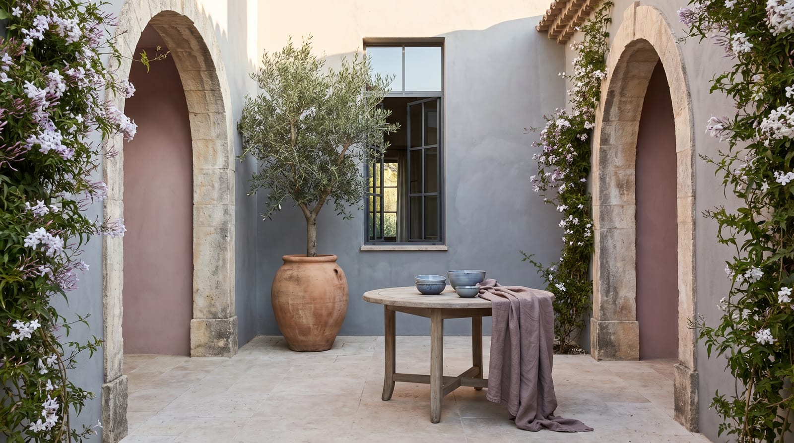 A cool summer environment: a lived-in interior rendered entirely in the palette's cool tones, soft flat daylight through sheer curtains, slate and dusty-blue textiles, no people in frame, the kind of room the palette belongs in.