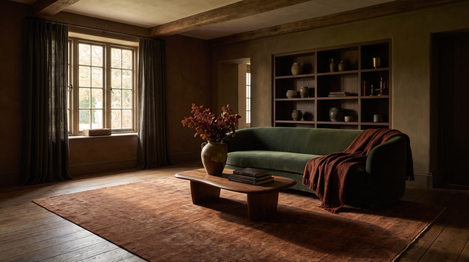 A warm autumn environment: a lived-in interior rendered entirely in the palette's rich tones, late-afternoon golden daylight through linen curtains, no people in frame, the kind of room the palette belongs in.