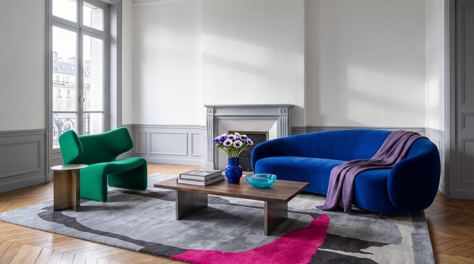 A bright winter environment: a hard-edged modern interior rendered in the palette's stark neutrals with one wall of electric cobalt, cold north light through a bare window, no people in frame, the kind of high-contrast room the palette belongs in.