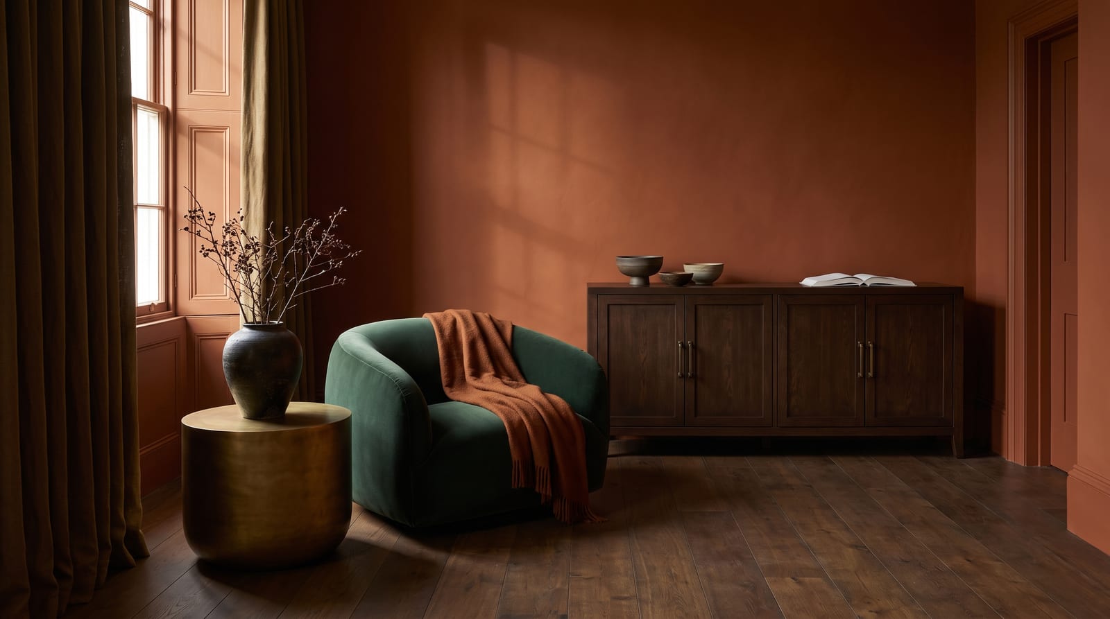 A deep autumn environment: a lived-in interior rendered entirely in the palette's warm darks, low lamplight and dark wood, a worn leather chair, no people in frame, the kind of room the palette belongs in.