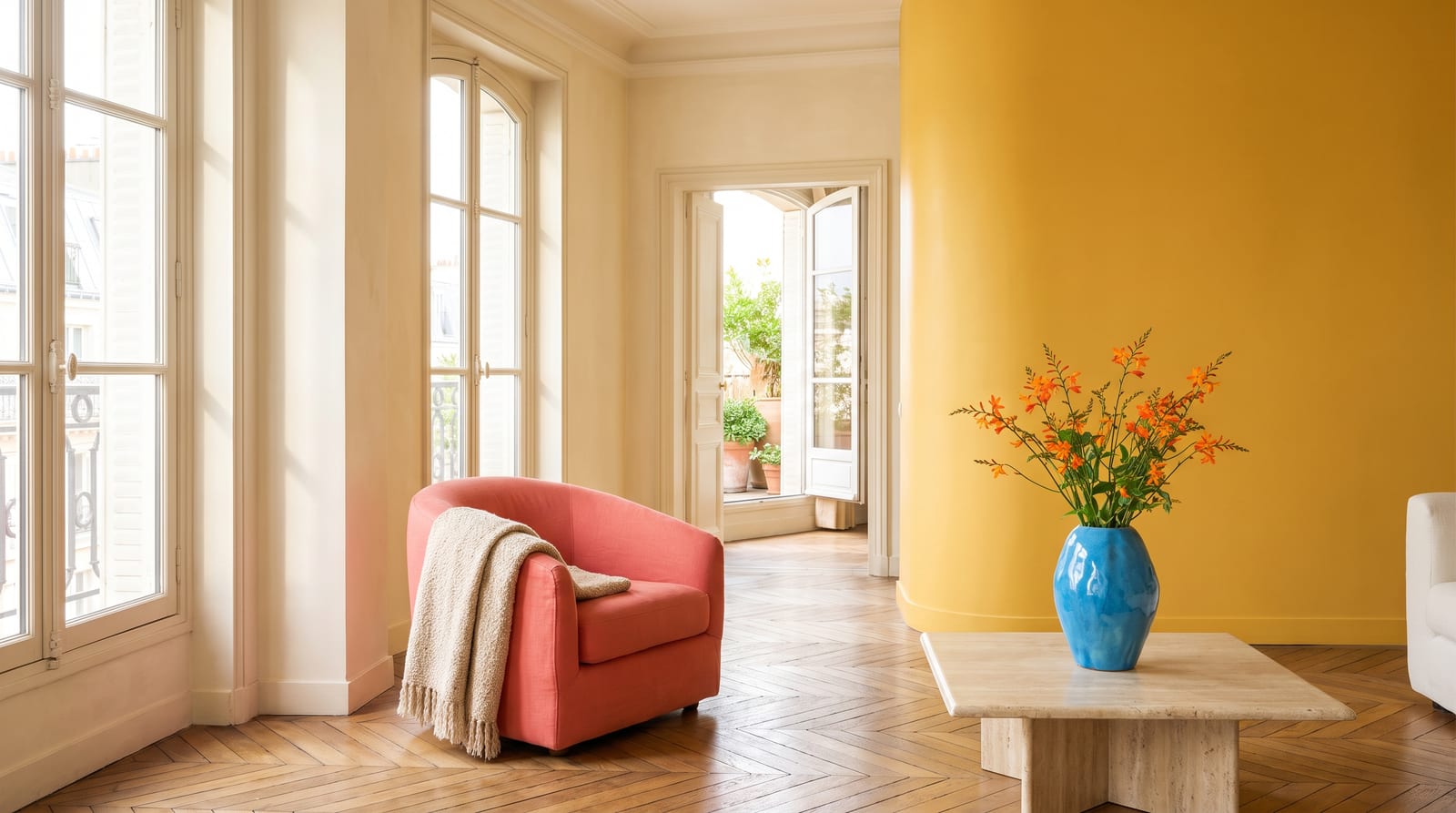 A bright spring environment: a sunlit interior rendered in the palette's clear brights, coral cushions and a warm-turquoise throw against bright white walls, midday light through open windows, no people in frame, the kind of room the palette belongs in.