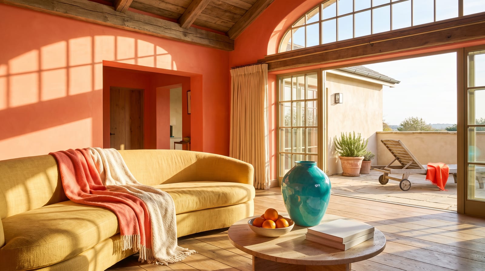 A warm spring environment: a lived-in interior rendered entirely in the palette's warm, clear tones, bright late-morning daylight through linen curtains, no people in frame, the kind of room the palette belongs in.