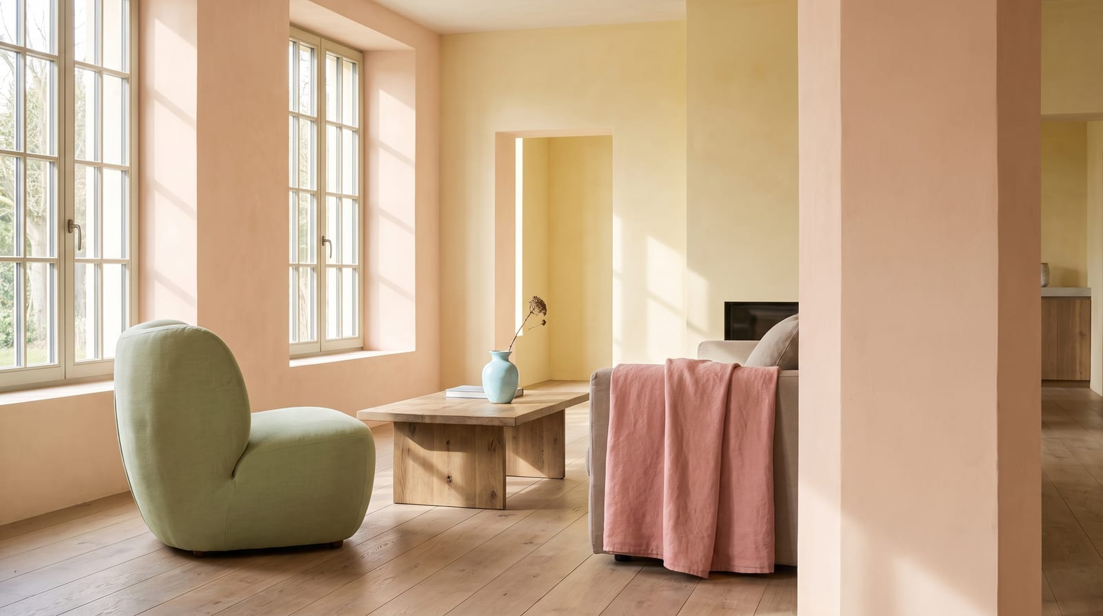 A light spring environment: a lived-in sunroom or garden vignette rendered entirely in the palette's warm, light tones, bright late-morning daylight through sheer curtains, no people in frame, the kind of room the palette belongs in.