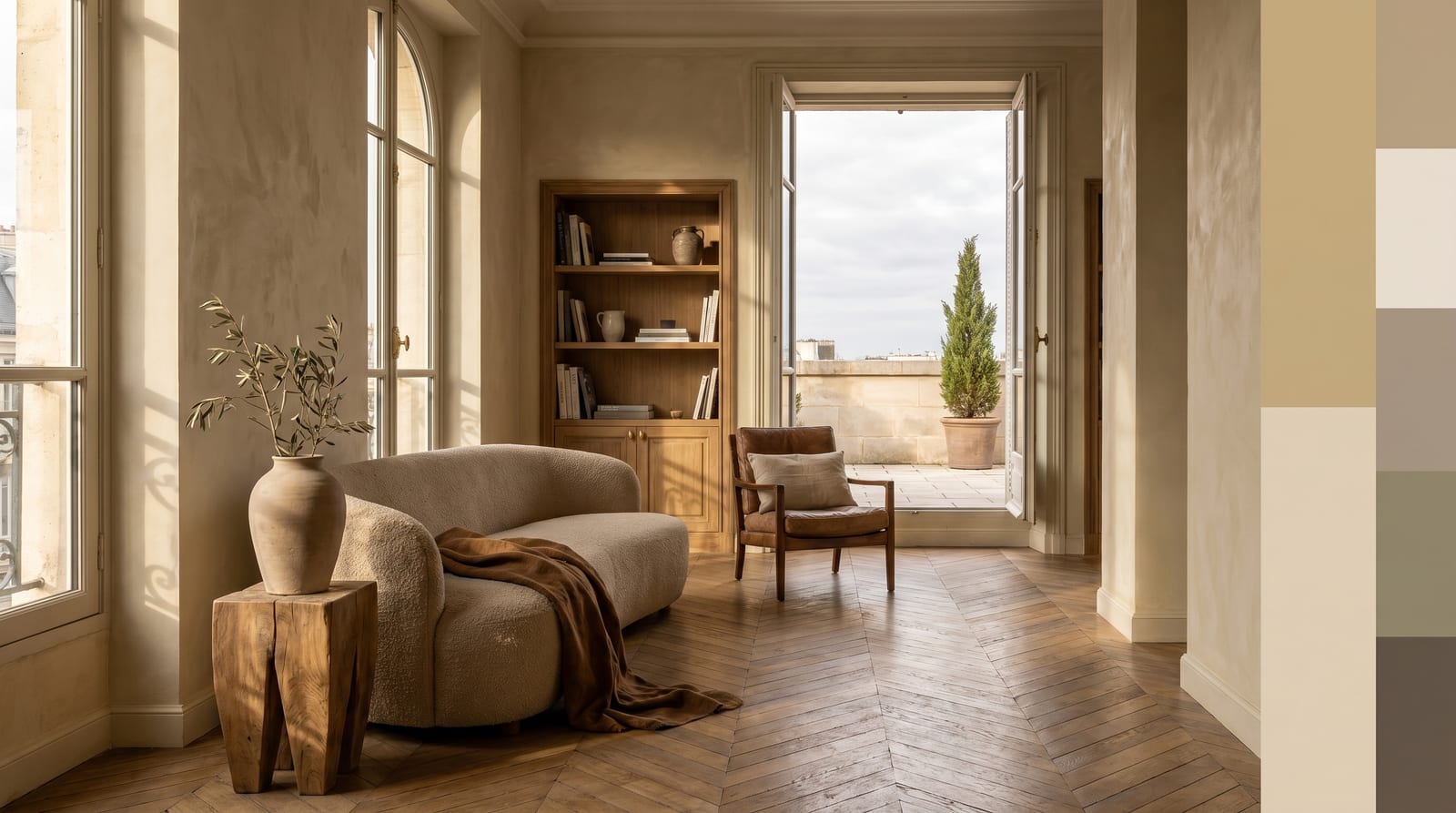 A soft autumn environment: a lived-in interior or garden vignette rendered entirely in the palette's muted tones, late-afternoon daylight through linen curtains, no people in frame, the kind of room the palette belongs in.