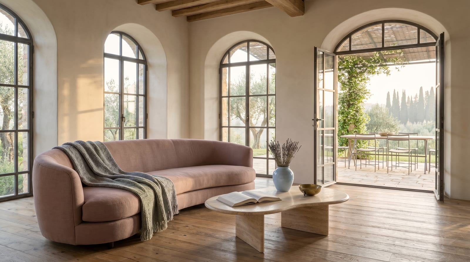A soft summer environment: a lived-in interior or garden vignette rendered entirely in the palette's muted tones, soft daylight, no people in frame, the kind of room the palette belongs in.