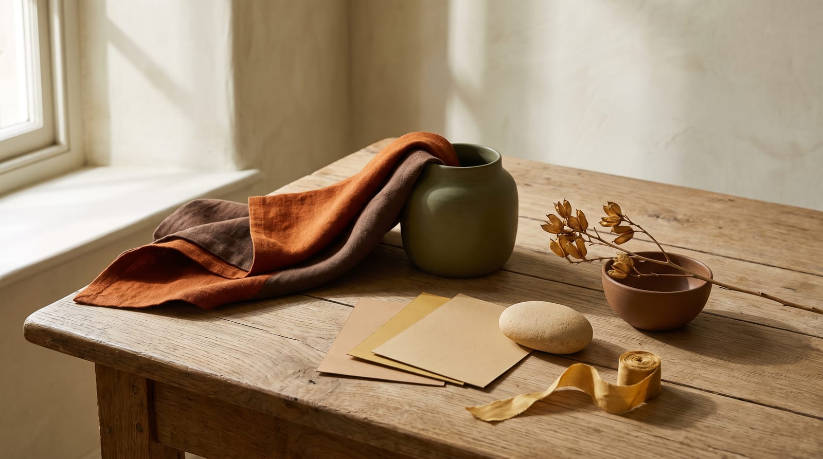 A warm autumn editorial still-life: a tactile ensemble of folded rust linen, a small unglazed cinnamon-toned ceramic vessel, a dried oak leaf, and a golden-brown stone on raw plaster, every element rendered in the palette's rusts, golden browns, olives, and mustards.