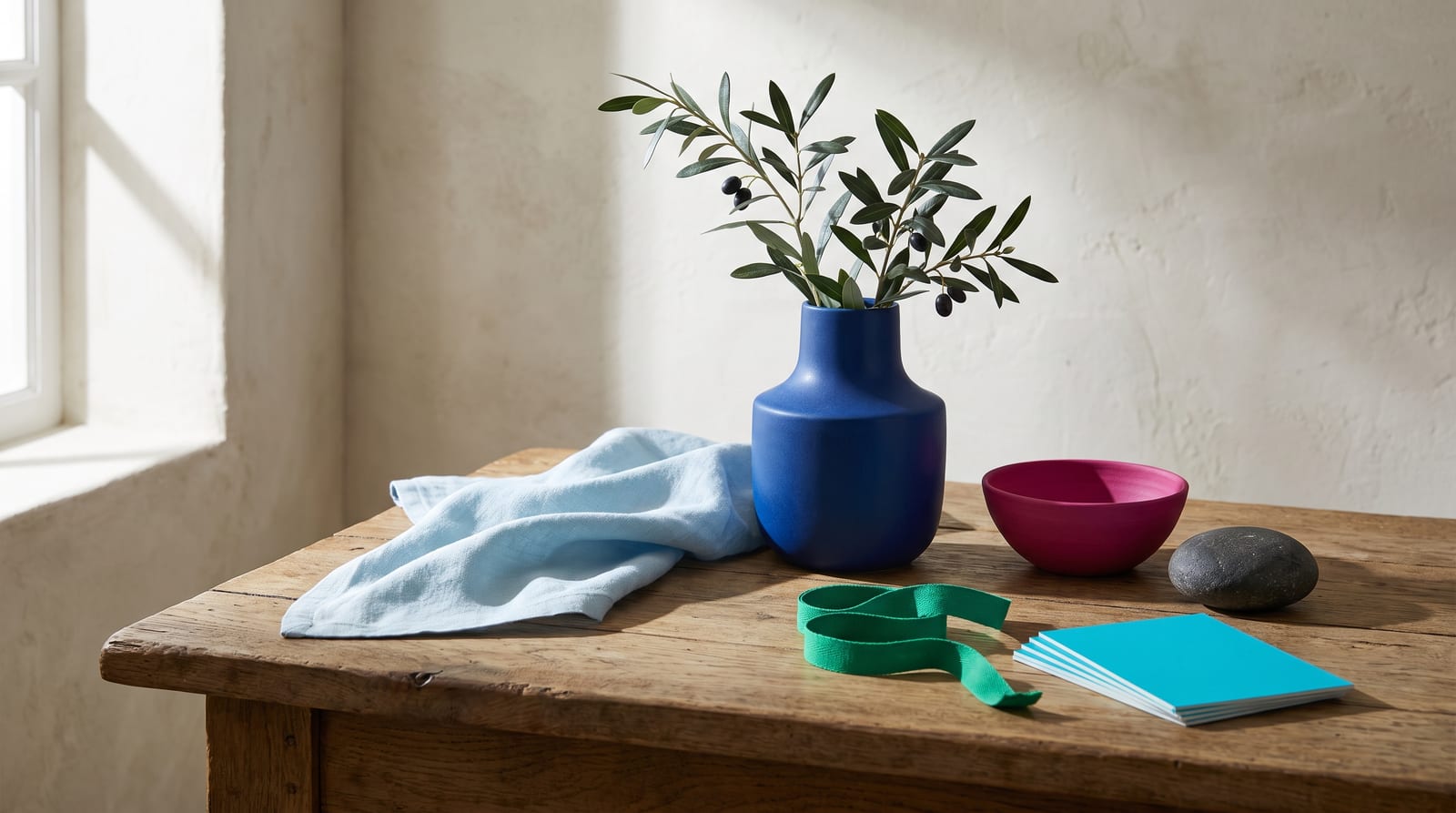 A bright winter editorial still-life: a single electric-cobalt object and a hot-fuchsia bloom set against stark black-and-white paper, hard directional light throwing crisp shadows, every element rendered in the palette's icy brights and true saturation.