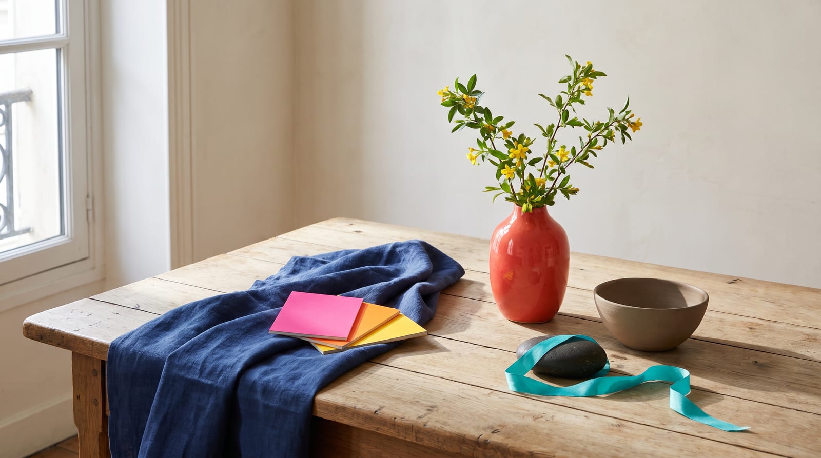 A bright spring editorial still-life: a crisp arrangement of a coral-glazed ceramic vessel, a stem of golden ranunculus, a spool of warm-turquoise thread, and a halved green apple on bright white marble, every element rendered in the palette's clear corals, golden yellows, warm turquoises, and hot pinks under bright daylight.