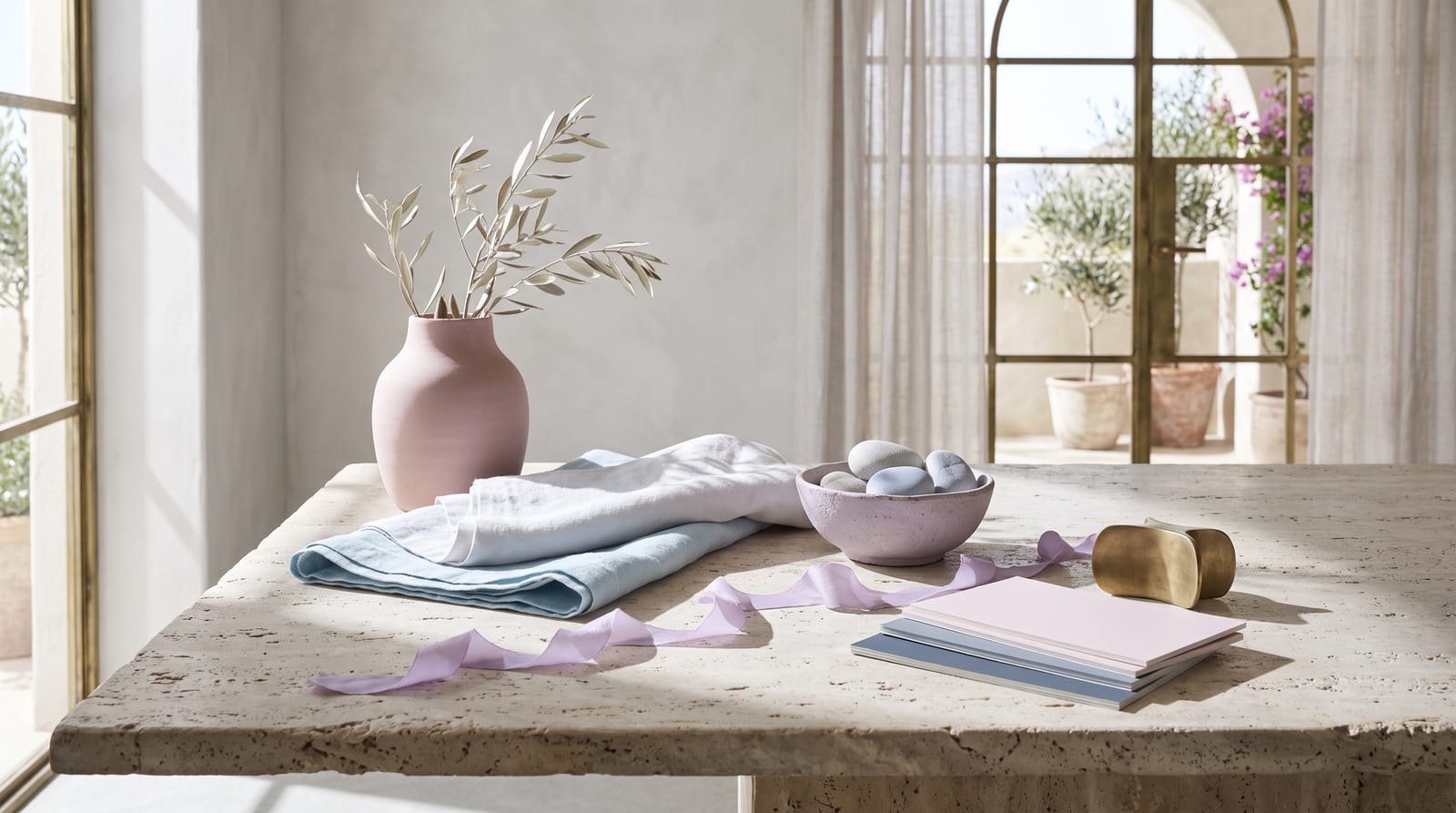 A light summer editorial still-life: a tactile ensemble of folded powder-blue linen, a small frosted-glass vessel, a stem of dried lavender, and a smooth gray river stone on cool pale plaster, every element rendered in the palette's dove grays, powder blues, soft lavenders, and light roses.