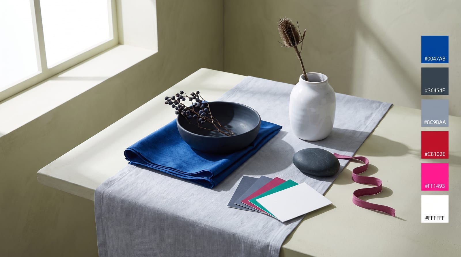A cool winter editorial still-life: folded emerald and sapphire textiles, a true-black lacquered object, and a fuchsia accent set against a pure-white plaster ground with an icy-blue element, all under hard, clean, high-contrast light, every element rendered in the palette's saturated cool jewel tones, true black, and pure white.
