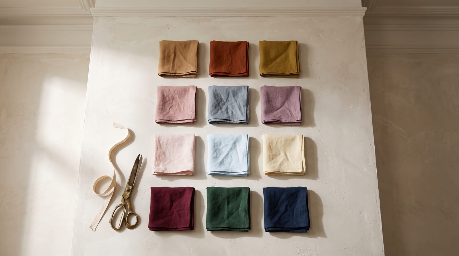 An editorial flat-lay mapping the 12-season system: 12 small folded fabric swatches arranged in four rows by family, spanning warm camels and rusts, cool dusty roses and blues, light pastels, and deep jewel tones, shot on raw plaster in soft daylight.