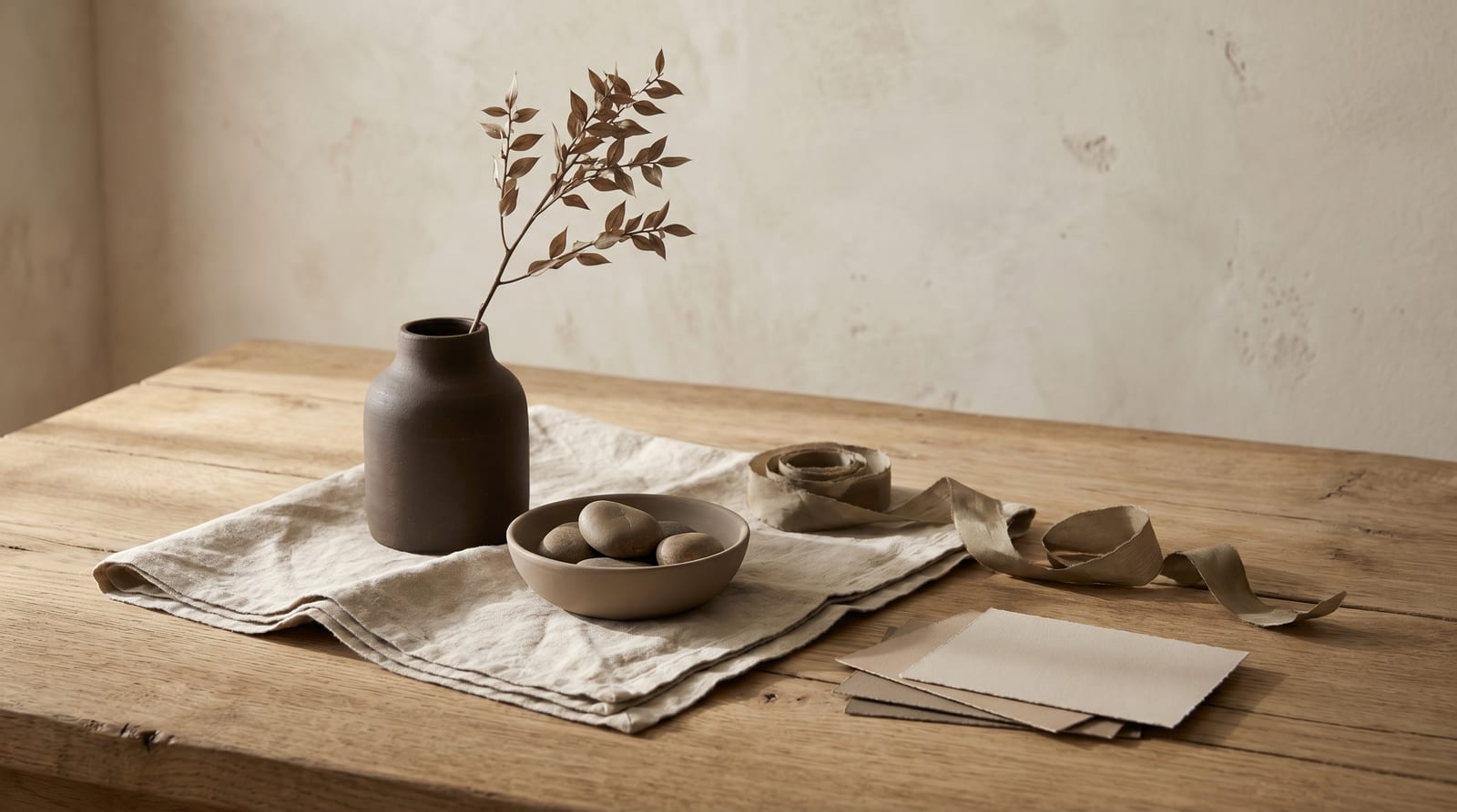 A soft autumn editorial still-life: a tactile ensemble of folded warm-camel linen, a small unglazed ceramic vessel, a stem of dried wheat, and a sun-faded stone on raw plaster, every element rendered in the palette's camels, warm creams, sage-olives, and dusty roses.