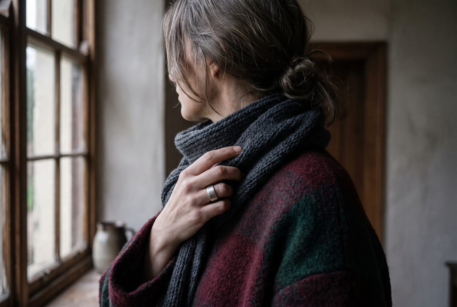 A deep winter portrait detail: a face-free editorial crop showing near-black hair against a charcoal garment in cool, hard side-lit daylight, the kind of private, considered frame fashion editorials use when the face is out of view.