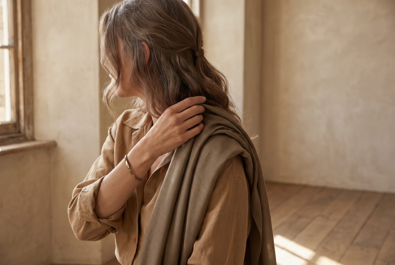 A soft autumn portrait detail: a face-free editorial crop showing warm-mousey hair against a camel garment in soft side-lit daylight, the kind of private, considered frame fashion editorials use when the face is out of view.