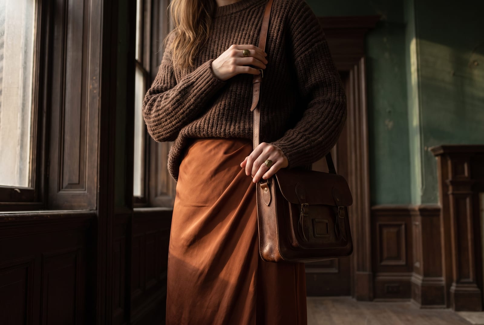 A deep autumn worn detail: a cropped-figure composition showing a palette-hex espresso, rust, or deep-olive piece worn close to the body in low warm side-lit daylight, face out of frame in the style of catalog editorial.