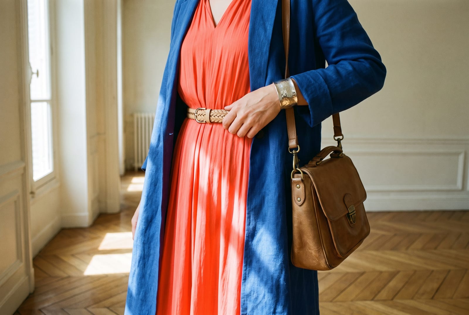 A bright spring worn detail: a cropped-figure composition showing a palette-hex coral, golden-yellow, or warm-turquoise piece worn close to the body in bright side-lit daylight, face out of frame in the style of catalog editorial.