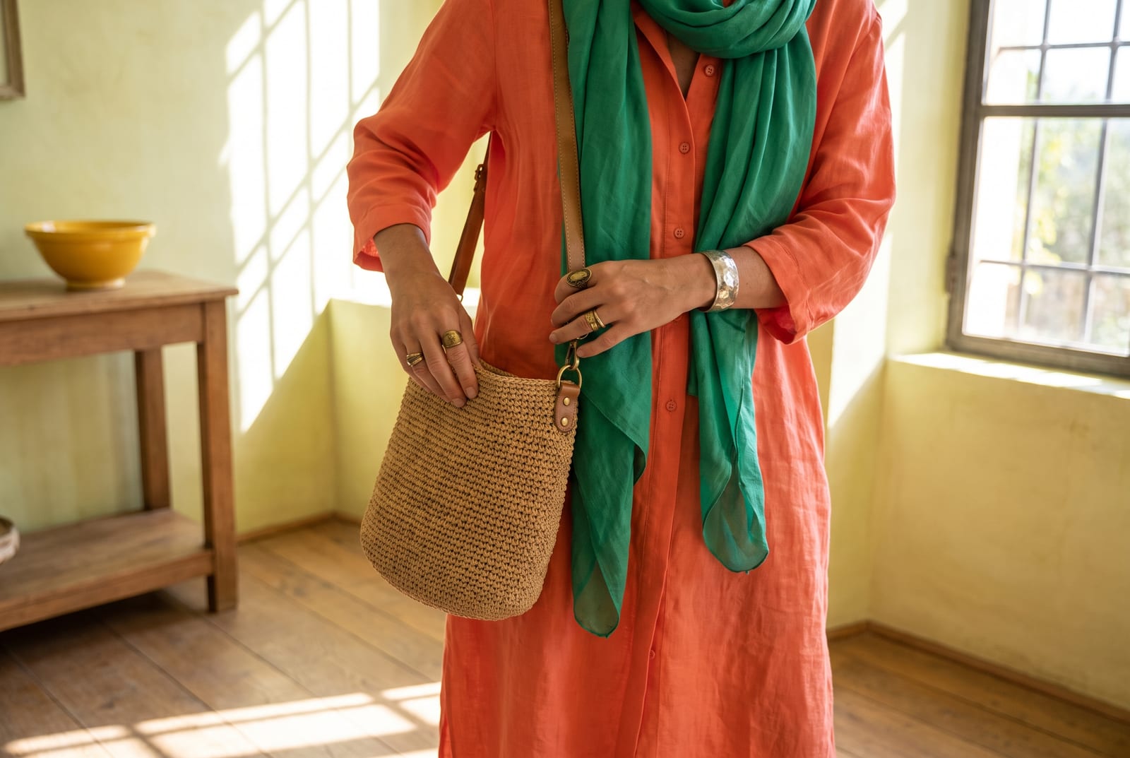 A warm spring worn detail: a cropped-figure composition showing a palette-hex coral, golden-yellow, or warm-turquoise piece worn close to the body in bright side-lit daylight, face out of frame in the style of catalog editorial.