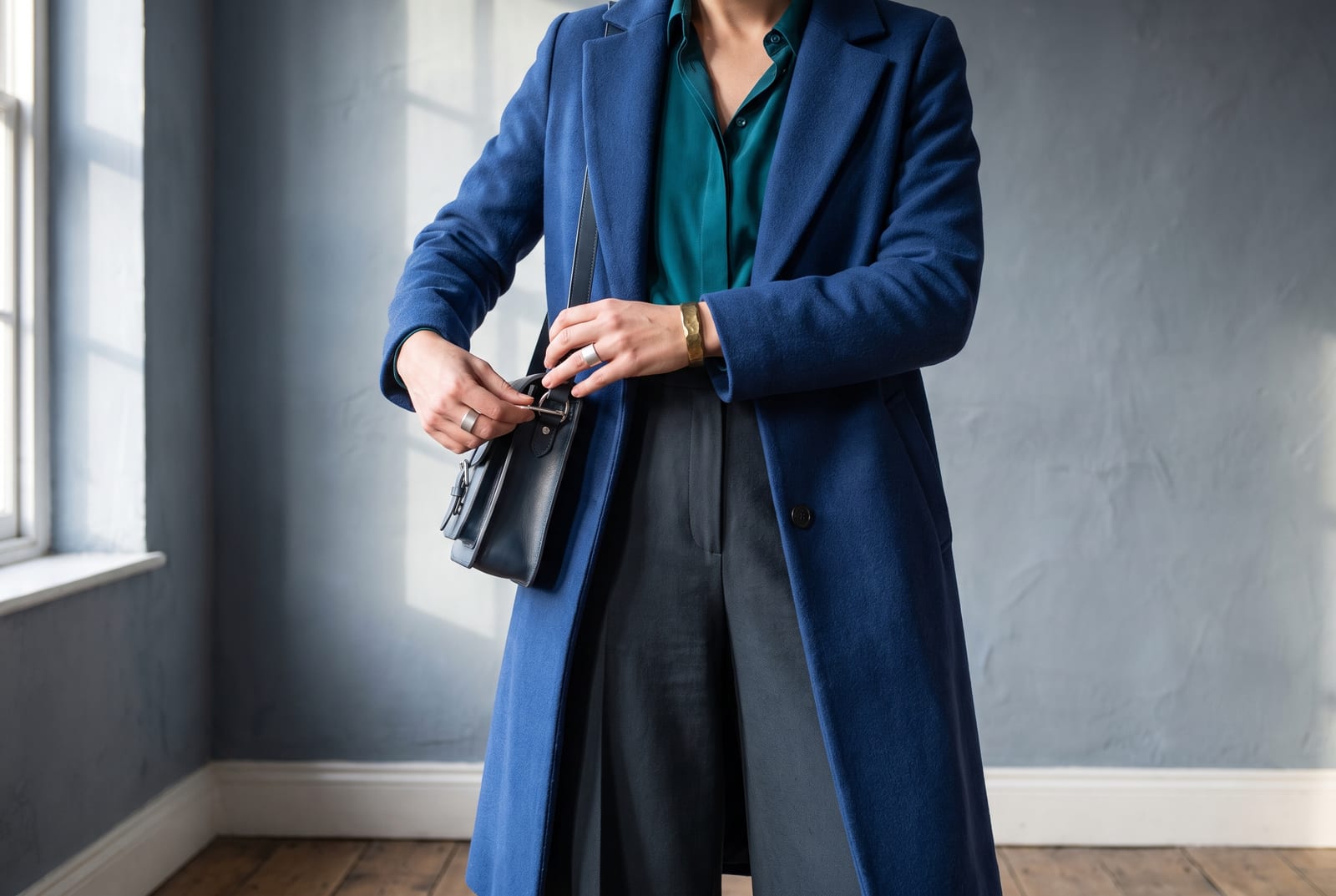 A cool winter worn detail: a cropped-figure composition showing a palette-hex cobalt, fuchsia, or true-black piece worn close to the body against a crisp white ground in hard, clean light, face out of frame in the style of catalog editorial.