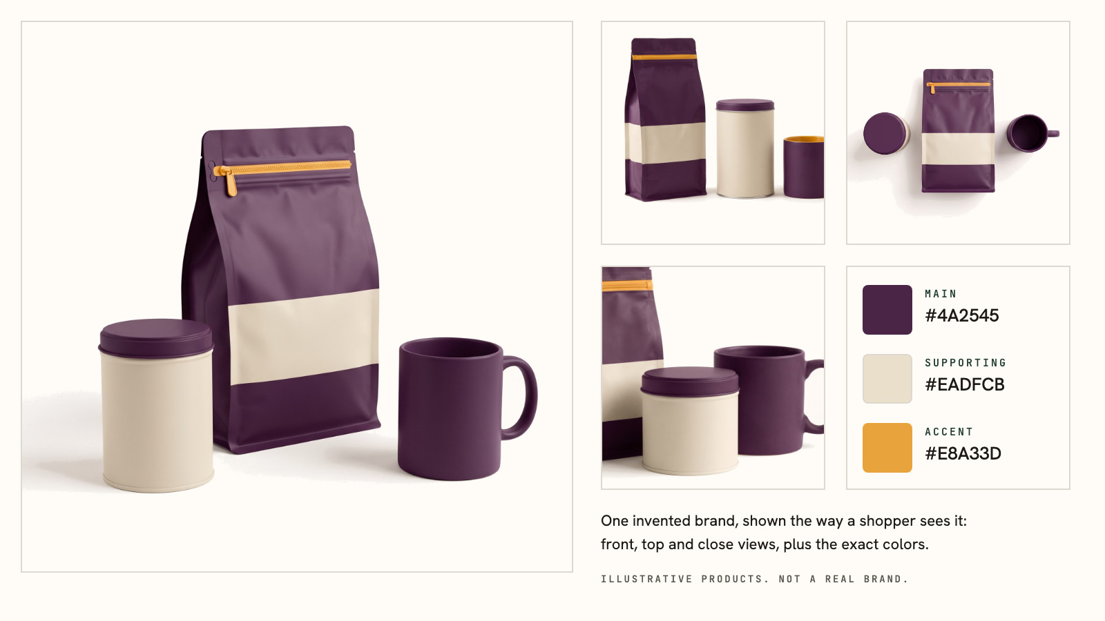The same coffee products as a shopper sees them, in four views, beside the palette's three hex codes.