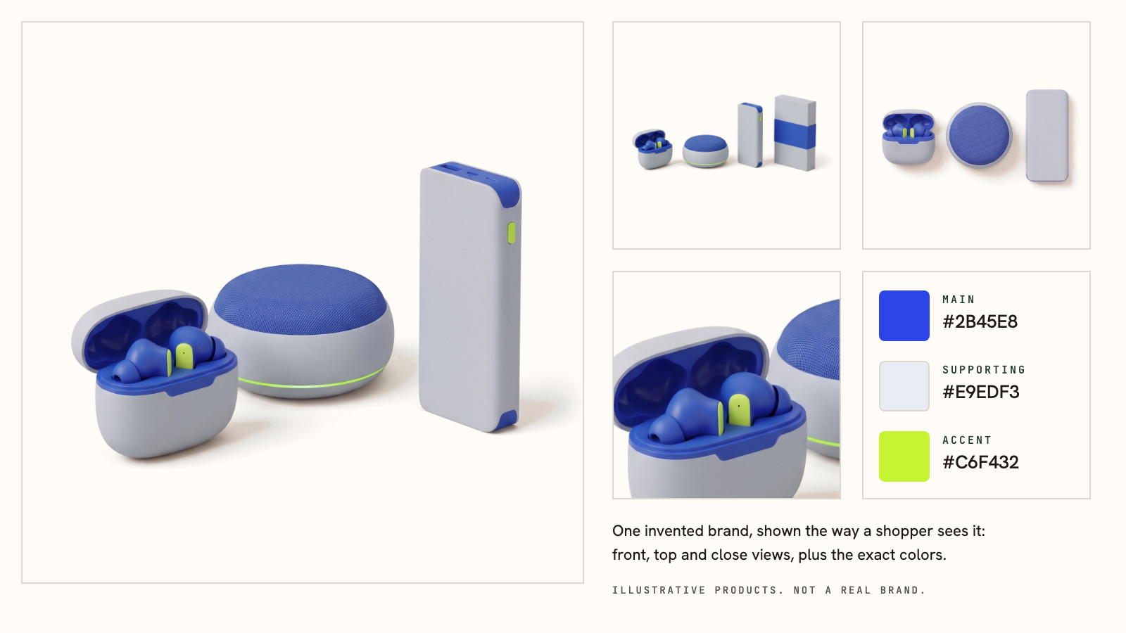 The same audio products as a shopper sees them, in four views, beside the palette's three hex codes.