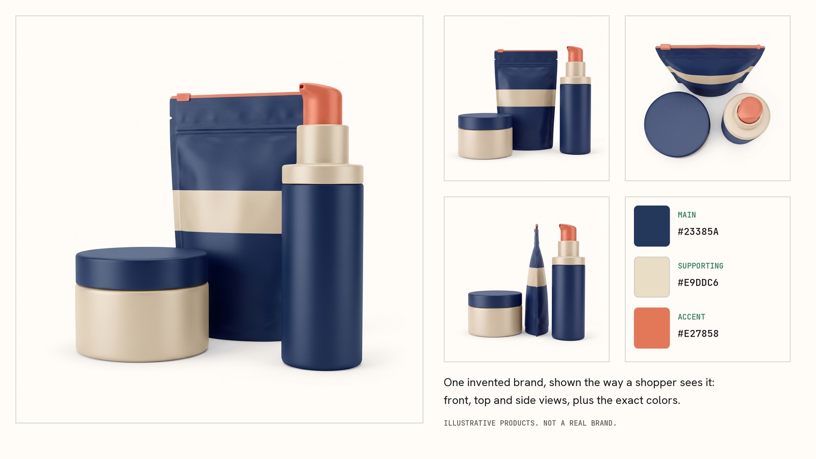 The same products shown the way a shopper sees them: a main view, front, top and side views, and the exact palette with its three hex codes.